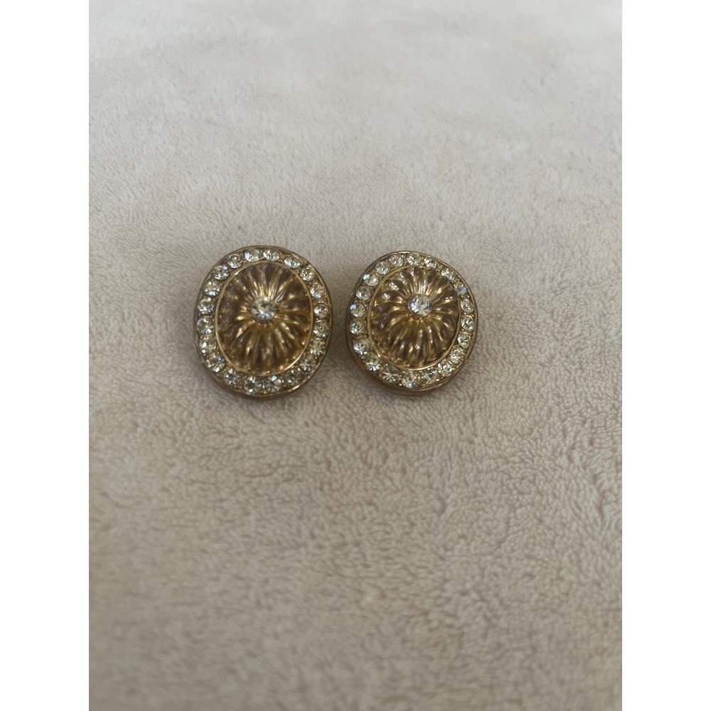 Vintage Gold Tone Rhinestone Halo Oval Sunburst Clip On Earrings Statement